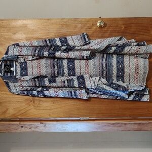 'Nuggles Flowy High-Low Duster Dress Red White Blue Collared Long Sleeve Sz 3X